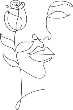 a line drawing of a man's face with a rose in his hair and nose