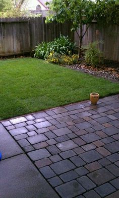 a blue fire hydrant sitting on top of a brick walkway next to a lush green yard