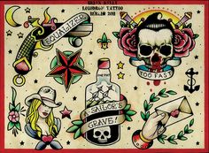 an old school tattoo flash sheet with skulls, roses and other tattoos on it's side