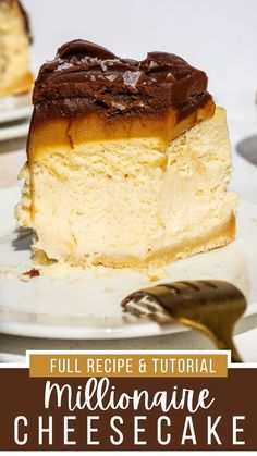 a piece of cheesecake on a plate with the words full recipe and video above it