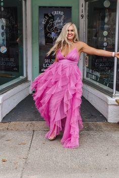 Get ready to dazzle in our Dangerously Perfect Pink Ruffle Dress! This elegant and formal dress features a sparkly fabric that will definitely make you stand out in any crowd. Perfect for a special occasion or a night out, this dress is dangerously perfect in pink! Pink Tulle Evening Dress For Party, Glamorous Pink Tulle Evening Dress, Pink Prom Dress For Party Season, Glamorous Pink Ruffled Evening Dress, Glamorous Pink Evening Dress With Ruffles, Flirty V-neck Prom Dress, Chic Pink Party Dress, Homecoming Party Season Maxi Dress, Pink Evening Dress For Homecoming During Prom Season