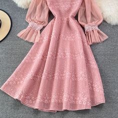 Materials: other Size: m, l Color: pink, blue, Khaki Embroidery Lace, Pink Blue, Lace Dress, Chiffon, Long Sleeve Dress, Crew Neck, Embroidery, Lace, Pink