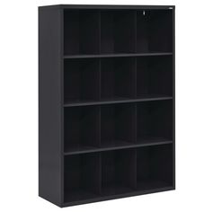 a black bookcase with six compartments