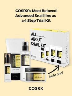 COSRX's Most Loved 4-step Advanced Snail Trial Kit - Skincare essentials formulated with snail mucin for repairing, moisturizing, and soothing skin. STEP 1 - Advanced Snail Mucin Gel Cleanser (20ml/0.67 fl. oz)Smoothest lather supercharged with Snail Mucin! Specially formulated gel cleanser enriched with skin beneficial ingredients including snail mucin to hydrate and protect the skin. Impeccable deep cleansing even to the deepest pores Minimizes stimulation of sensitive skin Moisturizing care S Advanced Snail 96, Snail 96 Mucin, Snail 96, Korean Skin Care Secrets, Advanced Snail, Plump Skin, Snail Mucin, Dark Spots On Skin, Skincare Essentials