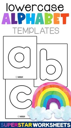 the lowercase alphabet worksheet is shown with rainbows and clouds on it