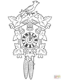 a black and white drawing of a cuckoo clock with autumn leaves on the bottom half