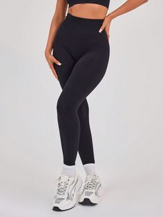 High Waist Seamless Gym Leggings Only Black    Fabric Plain  High Stretch  Women Activewear, size features are:Bust: ,Length: ,Sleeve Length: Black Leggings Aesthetic, Plain Black Leggings, Sports Pants Women, Halloween Inspo, Women Sports, Home Sport, Gym Leggings, Christmas 2024, Outdoor Woman