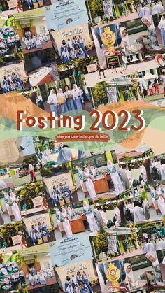 a collage of photos with the words fosting 205 on it and people standing around