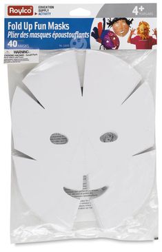 a white face mask on top of a plastic bag with the words fold up fun masks