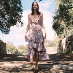 Sleeveless Midi Dress Lightweight Fabric, Organic Cotton Lavender Background With A Purple, Pink And Cream Floral Pattern Rotary Printed Using Organically Certified Dyes Adjustable Spaghetti Straps Neckline Snap Closure Adjustable Drawstring Waist Tiered Ruffled Skirt Strapless Bra Friendly Cold Machine Wash Or Hand Wash, Air Dry Recommended - Cotton Fabric Gets Softer After Each Wash! Worn Once By Previous Owner. No Flaws And Completely Sold Out. Selling Because The Clasp Was Too Tight On My Bu Sleeveless Purple Floral Dress For Summer, Lavender Flowy Sleeveless Dress, Lavender Sleeveless Sundress, Lavender Sleeveless Dress For Brunch, Purple Sleeveless Maxi Dress For Garden Party, Sleeveless Purple Maxi Dress For Garden Party, Chic Lavender Sleeveless Maxi Dress, Spring Lavender Sleeveless Midi Dress, Lavender Sleeveless Floral Print Maxi Dress