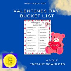 valentine's day bucket list with pink teddy bear on blue background and instant printable