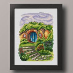 a cross stitch picture of a house in the woods with steps leading up to it