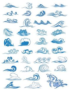 the different types of water waves and their designs are shown in blue ink on white paper