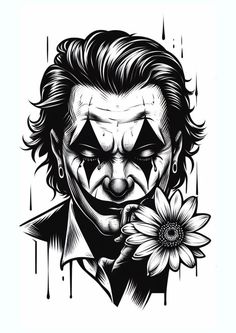 a drawing of the joker with a flower in front of his face and an evil clown mask