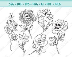 flowers with skulls on them in black and white, set of six digital clippings