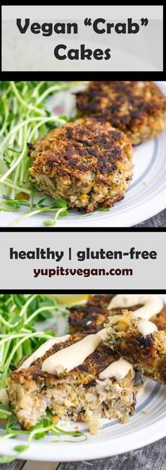 two plates filled with crab cakes on top of a wooden table next to green vegetables