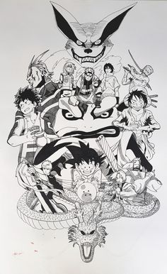 an ink drawing of anime characters on white paper