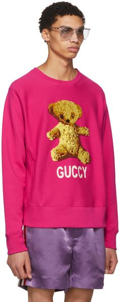 Gucci - Pink 'Guccy' Teddy Bear Sweatshirt Teddy Bear Sweatshirt, Gucci For Men, Vintage Concert Posters, Gucci Pink, Bear Sweatshirt, Gucci Outfits, Gucci Gucci, Buy Gucci, Sweatshirts Online