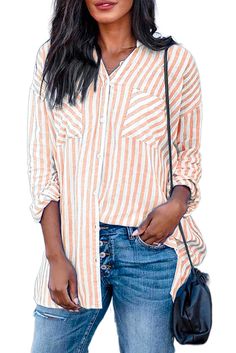 Orange Stripe Linen Dropped Sleeve Button Down Blouse with Pocket Orange Buttoned Top For Vacation, Casual Orange Collared Blouse, Casual Collared Orange Blouse, Orange Button-up Blouse For Vacation, Trendy Vacation Blouse With Buttons, Trendy Buttoned Blouse For Vacation, Chic Spring Tops With Buttoned Pockets, Casual Fall Top With Back Button Closure, White Blouse With Buttoned Pockets For Spring