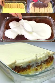 two pictures showing different types of food in pans, one with cake batter and the other with marshmallows