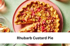 a pink plate topped with a pie covered in rhubarb custard