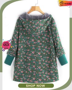 Floral Printed Hooded Long Sleeve Fleece Coat Floral Coat, Casual Outwear, Outwear Coat, Casual Outerwear, Oversized Coat, Green Coat, Fleece Coat, Warm Jacket, Warm Coat