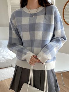 DAZY Gingham Pattern Drop Shoulder Oversized Sweater | SHEIN USA Oversized Plaid Casual Sweater, Casual Oversized Plaid Sweater, Casual Plaid Sweater With Houndstooth Pattern, Korean Clothing Brands, Striped Sweater Outfit, Autumn School Outfit, Oversized Sweater Women, Pull Oversize, Fall Outfits For Work