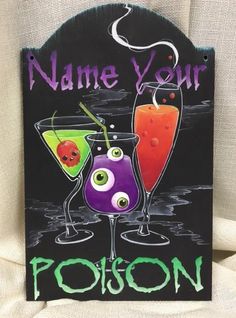 a sign that says name your posion with two glasses filled with liquid and spooky eyes