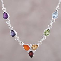 Multi-Gemstone Sterling Silver Chakra Necklace from India - Shimmering Harmony | NOVICA Leaves Necklace, Amethyst Studs, Colored Gemstones, Casual Earrings, Chakra Necklace, Gemstone Necklace Pendant, Amethyst Necklace, Leaf Necklace, Elegant Necklaces