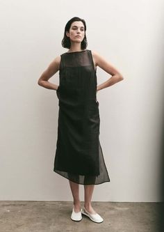 Mijeong Park Organza Dress - Black Chic Summer Slip Dress With Sheer Back, Black Silk Dresses With Side Slits, Summer Evening H-line Midi Dress, Chic Silk Dress With Overlay, Sheer Midi Dress For Work, Casual Sheer Silk Midi Dress, Chic Silk Dress With Sheer Back, Chic Fluid Sleeveless Dress, Chic Silk Dresses With Sheer Back