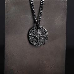 Men's Necklace Antique Doubloon Pendant Handmade in Sterling Silver for Him Artisan Medallion Necklaces With Oxidized Finish, Artisan Medallion Necklace With Oxidized Finish, Artisan Style Medallion Necklaces With Oxidized Finish, Antique Silver Oxidized Amulet Jewelry, Medieval Style Engraved Antique Silver Jewelry, Artisan Jewelry Pendant With Antique Finish, Artisan Pendant Jewelry With Antique Finish, Antique Silver Medieval Jewelry With Oxidized Finish, Symbolic Oxidized Round Pendant Necklace