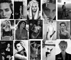 black and white photos of women with names on them, including models in bikinis