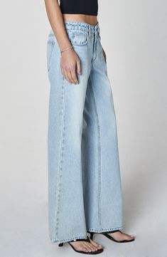 Pay homage to the baggy silhouettes of the '90s in these slightly flared nonstretch jeans boasting a laid-back light wash and a slouchy fit meant to be slung low on the hips. 32" inseam; 21" leg opening; 8 1/2" front rise; 14" back rise Zip fly with button closure Five-pocket style 100% cotton Machine wash, line dry Imported Flare Jeans, Meant To Be, Light Blue, Nordstrom, Blue