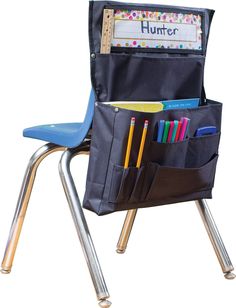 a school chair with a pocket for pens and pencils