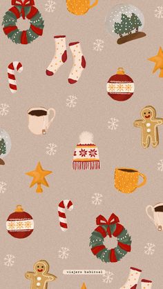 a christmas themed wallpaper with stockings, mugs and other holiday items on it