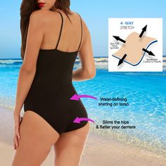 Not your basic one-piece swimsuit. The InstantFigure One-Piece Swimsuit features figure-hugging princess seams and a booty-lifting seam at the waist. With dainty adjustable spaghetti straps, a full-coverage derriere, a shelf bra, and a modest leg opening, this timeless swimsuit offers both style and support. Look and feel great at your next poolside, beach, or swim event. The 4-way stretch compression fabric in this one-piece swimsuit is slimming, smooth, and comfortable. FEATURES: Full Coverage Fitted One Piece Swimsuit With Built-in Bra For Pool, Sculpting Backless Swimwear With Built-in Bra, Shaping Swimwear For Swimming, Beach Shapewear With Built-in Bra, Smoothing Shaping Swimwear, Shaping Solid Shapewear For Beach, One-piece Shapewear Swimwear With Smoothing Detail, One-piece Smoothing Shapewear Swimwear, One-piece Shapewear Swimwear