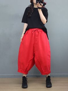 Style: Street Material: Cotton Blend Pattern: Solid Color Length: Ninth Pants/Skirts Decoration: Tassel Closure Type: Drawstring Silhouette: Harem Gender: Female Season: Summer #fringes #redpants #harempants #fishermanpants Trendy Cotton Harem Pants For Summer, Trendy Summer Cotton Harem Pants, Trendy Cotton Harem Pants For Spring, Summer High Waist Cotton Harem Pants, Summer Cotton Straight Bottoms, Red Non-stretch Spring Harem Pants, Cotton Ankle-length Summer Bottoms, Summer Ankle-length Cotton Bottoms, Summer Cotton Ankle-length Bottoms