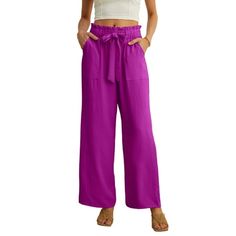 Introducing our Wide Leg Lounge Pants with Pockets, the perfect addition to your loungewear collection. Made from a soft and breathable fabric, these pants will keep you comfortable all day long. Featuring a wide leg design, these pants provide a relaxed fit that allows for ease of movement, making them great for activities such as yoga, running errands, or simply lounging at home. The elastic waistband ensures a secure and comfortable fit, while the drawstring allows for further adjustment. Wit Comfortable Pink Summer Pants, Casual Purple Relaxed Fit Wide Leg Pants, Casual Tie Waist Pants, Solid Bottoms With Tie Waist For Vacation, Purple Pants With Pockets For Loungewear, Casual Loungewear Pants With Tie Waist, Casual Pants With Tie Waist For Loungewear, Casual Lounge Pants With Tie Waist, Casual Purple Wide Leg Pants With Elastic Waistband