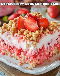 strawberry crunch poke cake on a white plate