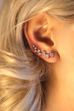 Simple yet striking, this silver or rose-gold gilded piece is dotted with cz stones graduating in size. Earring Climbers, Heavy Earrings, Prom Earrings, Yellow Engagement Rings, Gold Ear Cuff, Ear Climbers, Prom Jewelry, Climber Earrings, Pearl Cluster