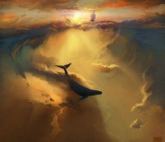 a painting of a whale swimming in the ocean with clouds and sunbeams above it