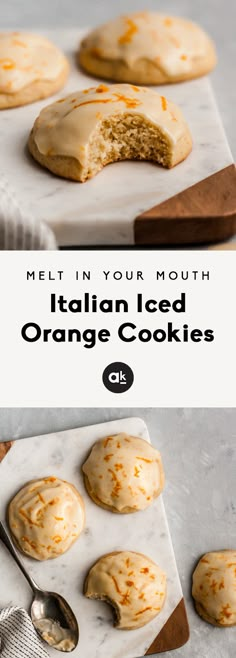 an image of orange cookies with icing on them and the words melt in your mouth italian iced orange cookies