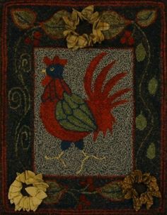 Rooster With Sunflowers, rug hooked by Karen Guffey Rug Hooking Tutorial, Punch Needle Pattern, Rug Hooking Pattern, Rug Hooking Designs, Honey Bee Hives, Monks Cloth, Rug Hooking Patterns, Punch Needle Patterns, Chickens And Roosters