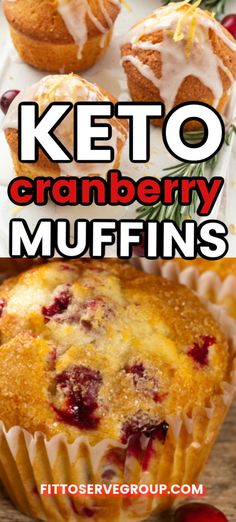 keto cranberry muffins on a white plate with text overlay