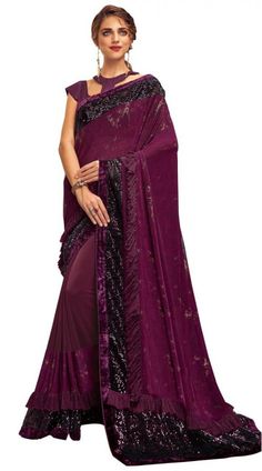 Wine Color Lycra Party Wear Saree Purple Silk Pre-draped Saree For Party, Celebration Purple Georgette Pre-draped Saree, Purple Bollywood Party Pre-draped Saree, Traditional Purple Saree With Sequins, Purple Traditional Saree With Sequins, Purple Sequined Blouse Piece For Diwali, Bollywood Style Purple Sequined Saree, Embellished Purple Georgette Blouse Piece, Traditional Purple Sequined Saree