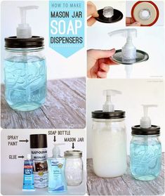 mason jar soap dispensers with instructions on how to make them in minutes