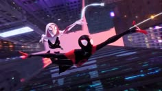 spider - man into the spider verse is flying through the air in front of some skyscrapers