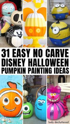 some pumpkins that have been painted to look like cartoon characters