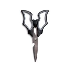 a pair of scissors with black handles on a white background, cut in half to look like a bat