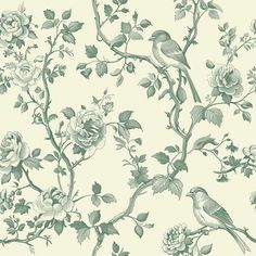 a wallpaper pattern with birds and flowers on the branches in shades of pale green